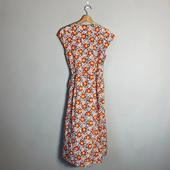 J.Crew Mercantile Short Sleeve Floral Midi Wrap Dress Women's XS Orange V-Neck - Picture 4 of 14